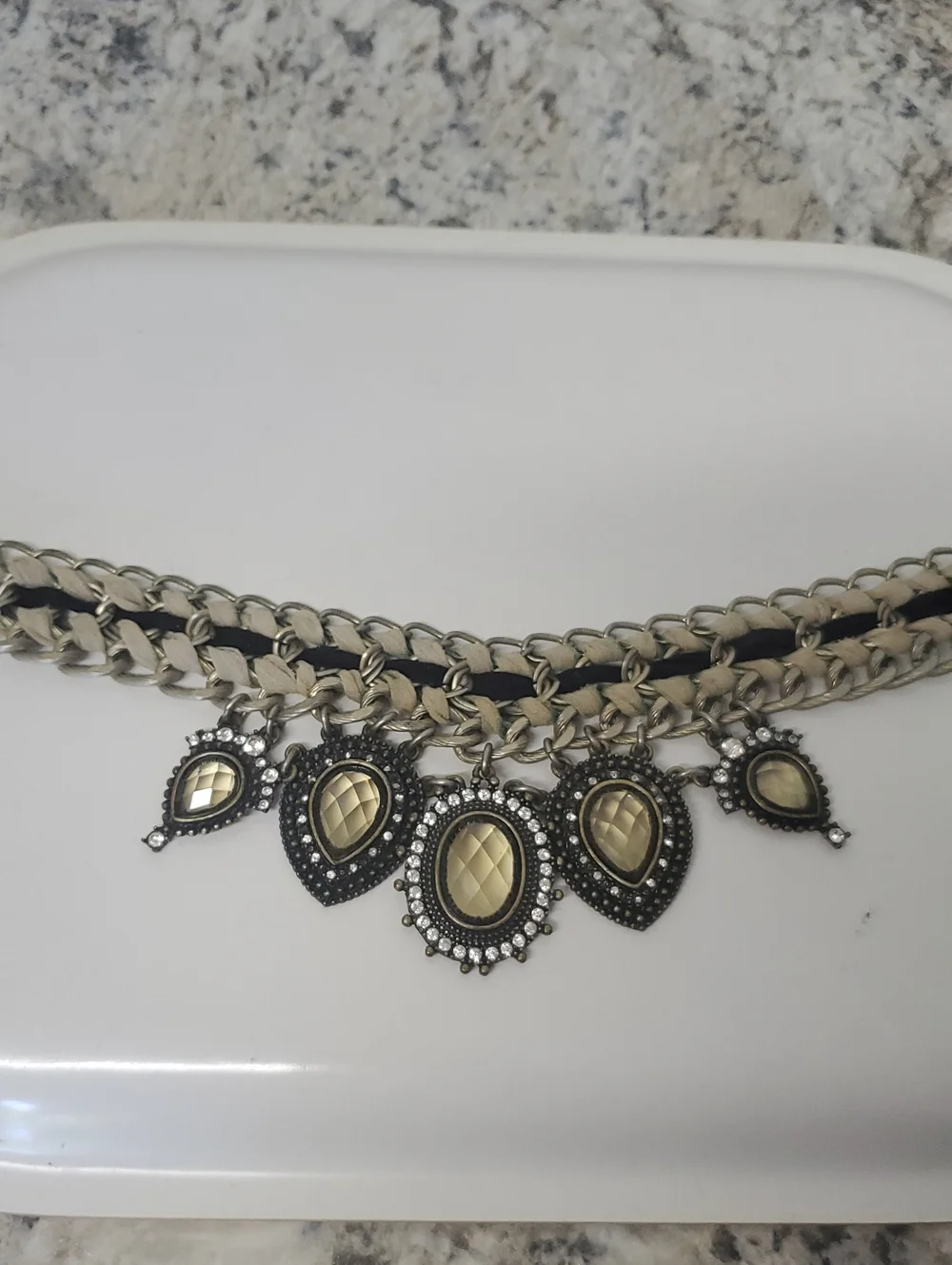 Statement Silver-Tone and Ivory Bib Necklace with Faceted Drops